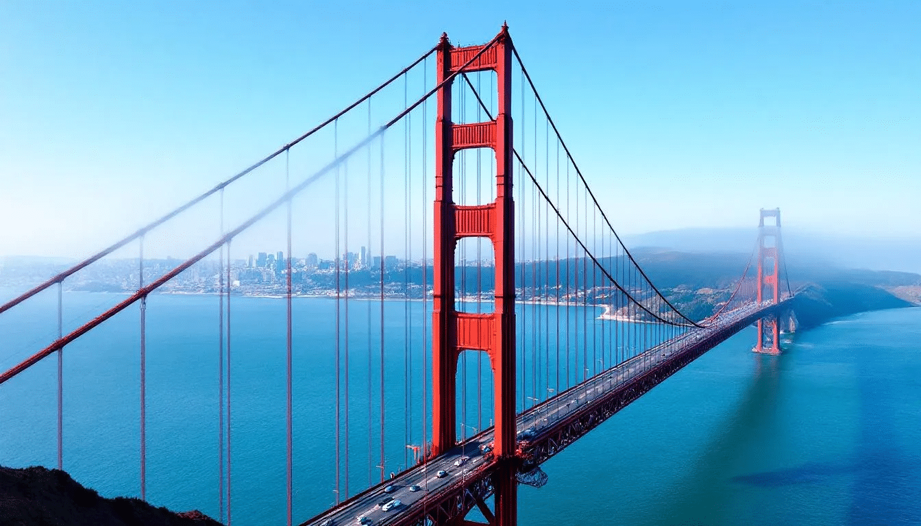 The image shows the iconic Golden Gate Bridge, a large suspension bridge with bright orange-red color spanning across a bay, surrounded by green hills and a clear blue sky. This landmark is a popular site for tourists and photographers, symbolizing San Francisco's beauty and engineering prowess.