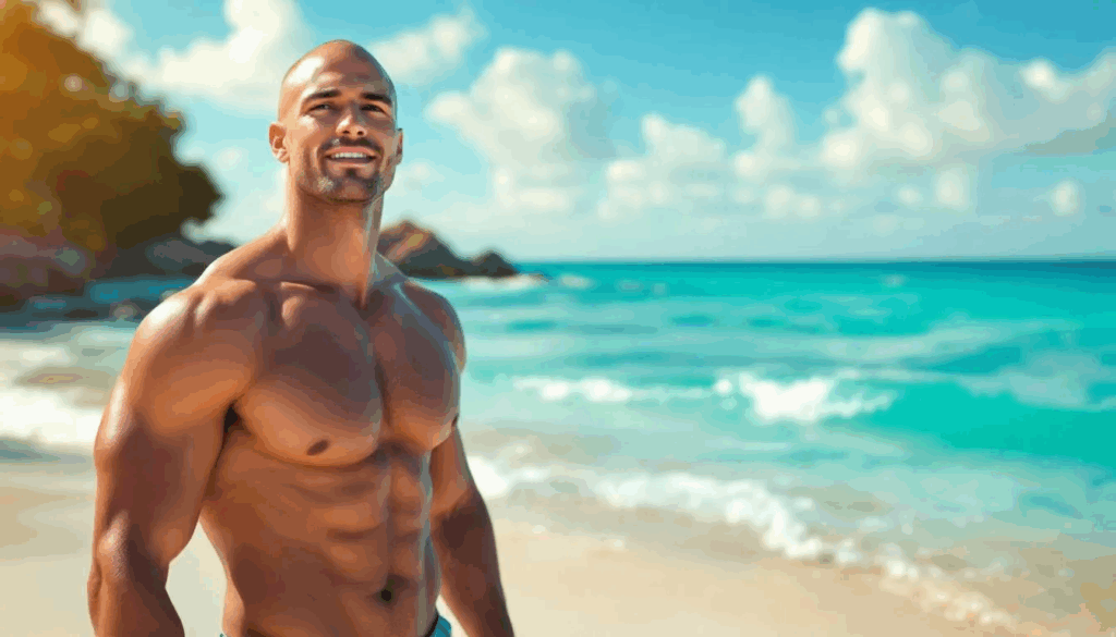 A healthy male stands confidently on the beach, showcasing the results of male breast reduction surgery,