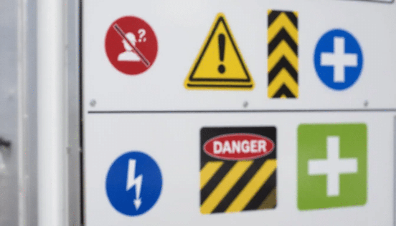 The image features various warning signs and caution symbols, highlighting important safety messages related to medical procedures. This visual representation may be relevant for individuals considering male breast reduction surgery, emphasizing the importance of understanding potential risks associated with gynecomastia surgery and the need for proper medical consultation.