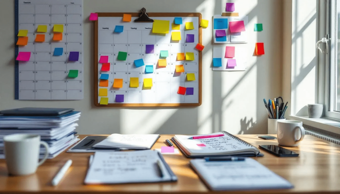 An office desk is cluttered with a calendar and various planning documents, suggesting preparation for a gynecomastia consultation. The items reflect a focus on scheduling and organizing information related to male breast reduction surgery and treatment options for excess breast tissue.
