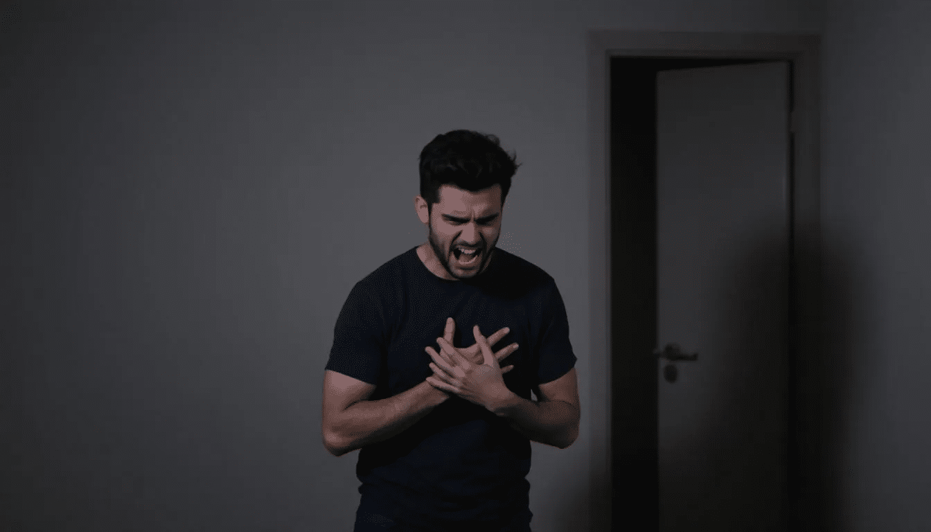 A male is standing with his bare chest exposed, displaying a look of disgust on his face, possibly reflecting his discomfort with breast enlargement or gynecomastia. This image highlights the emotional and physical challenges associated with conditions that cause swollen breast tissue in men.