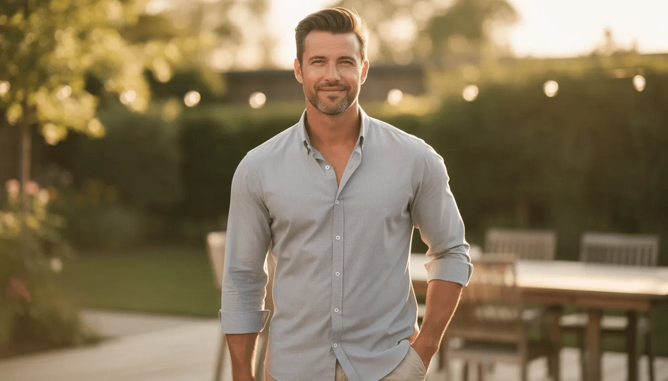 Man in a gray button up shirt