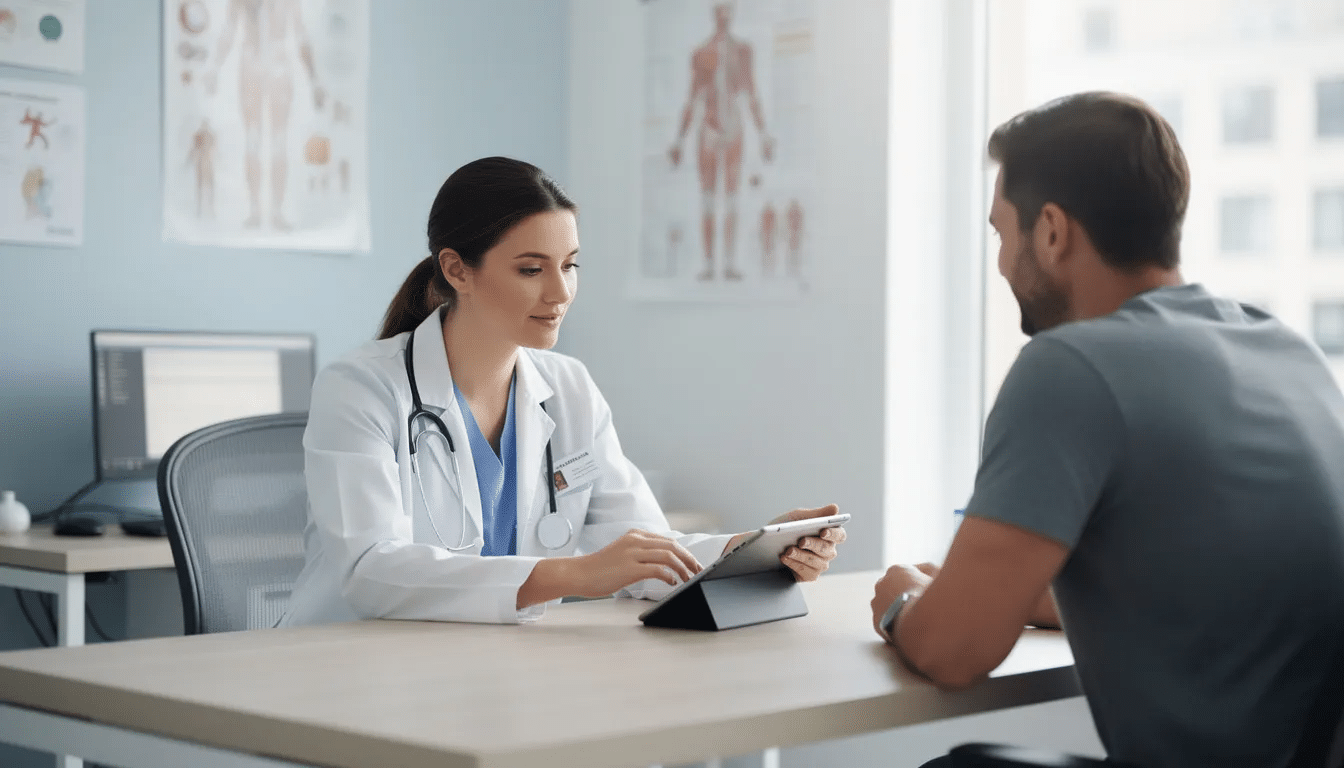 A man having a consultation with a doctor in a doctor's office.