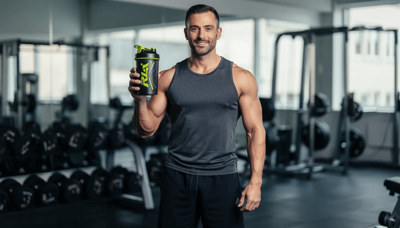 Fit man in a gym holding a water bottle
